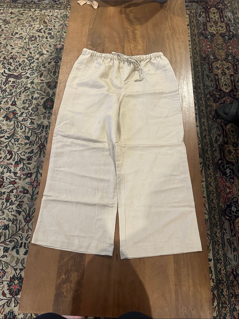 Lord & Taylor Cream Wide-Leg Drawstring Linen-Blend Pants